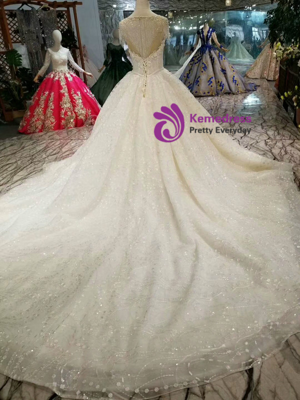 Shop 2019 Long & Short Light Champagne Ball Gown Sequins Cap Sleeve Backlees Applique Wedding Dress With Factory Price From Kemedress