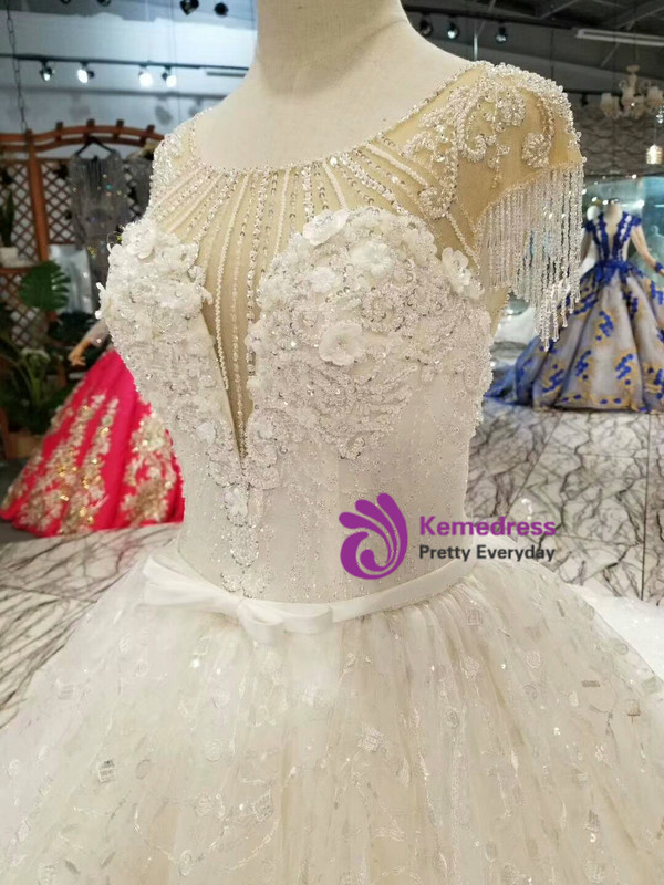Shop 2019 Long & Short Light Champagne Ball Gown Sequins Cap Sleeve Backlees Applique Wedding Dress With Factory Price From Kemedress