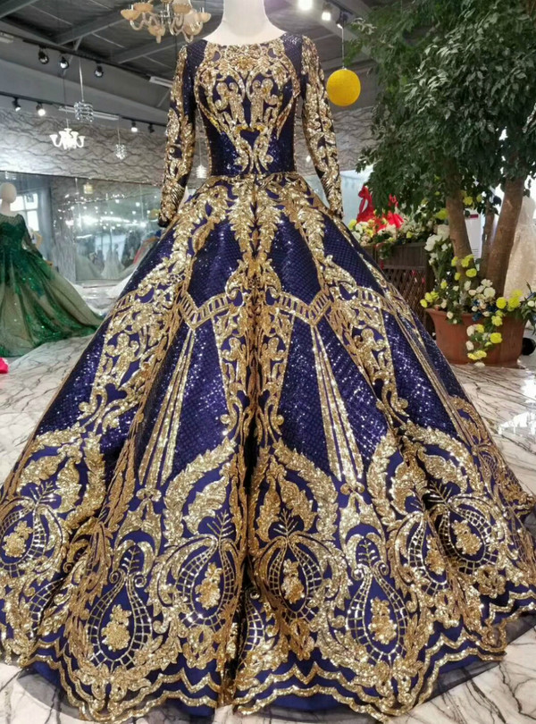 Shop 2019 Long & Short Blue Ball Gown Sequins Gold Sequins Appliuqes Long Sleeve Wedding Dress With Factory Price From Kemedress