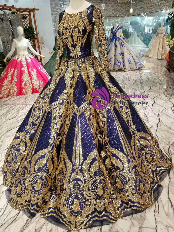 Shop 2019 Long & Short Blue Ball Gown Sequins Gold Sequins Appliuqes Long Sleeve Wedding Dress With Factory Price From Kemedress