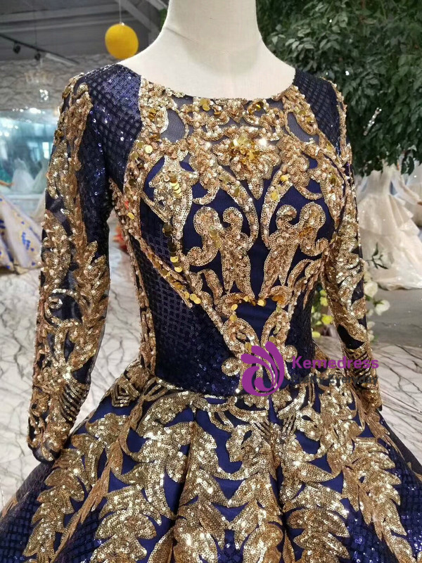 Shop 2019 Long & Short Blue Ball Gown Sequins Gold Sequins Appliuqes Long Sleeve Wedding Dress With Factory Price From Kemedress