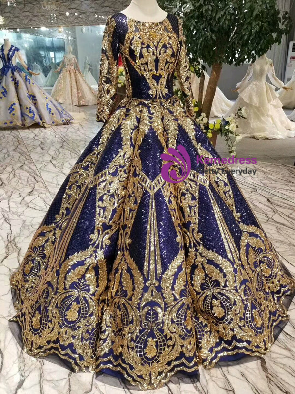 Shop 2019 Long & Short Blue Ball Gown Sequins Gold Sequins Appliuqes Long Sleeve Wedding Dress With Factory Price From Kemedress