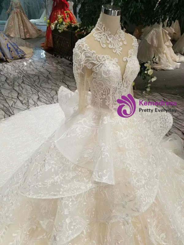 Shop 2019 Long & Short Champagne Ball Gown Lace High Neck Half Sleeve Backless Wedding Dress With Beading With Factory Price From Kemedress