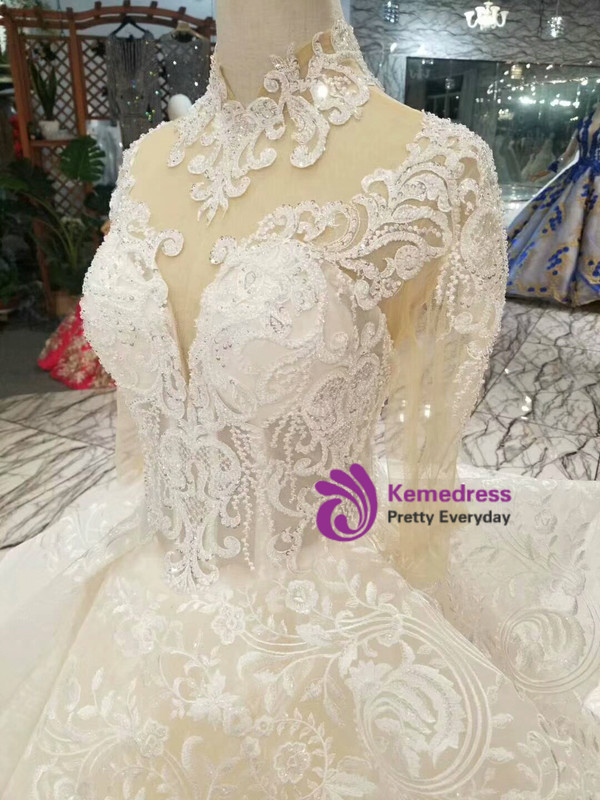 Shop 2019 Long & Short Champagne Ball Gown Lace High Neck Half Sleeve Backless Wedding Dress With Beading With Factory Price From Kemedress