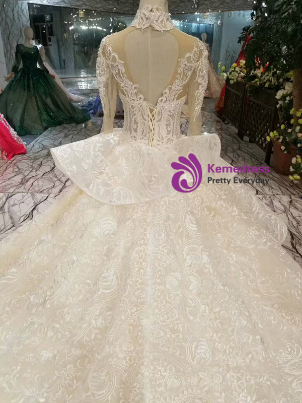 Shop 2019 Long & Short Champagne Ball Gown Lace High Neck Half Sleeve Backless Wedding Dress With Beading With Factory Price From Kemedress