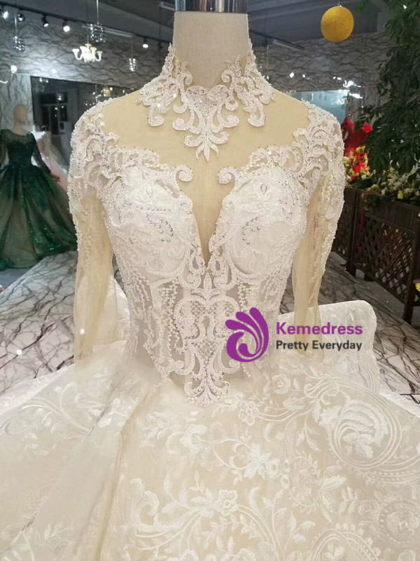 Shop 2019 Long & Short Champagne Ball Gown Lace High Neck Half Sleeve Backless Wedding Dress With Beading With Factory Price From Kemedress