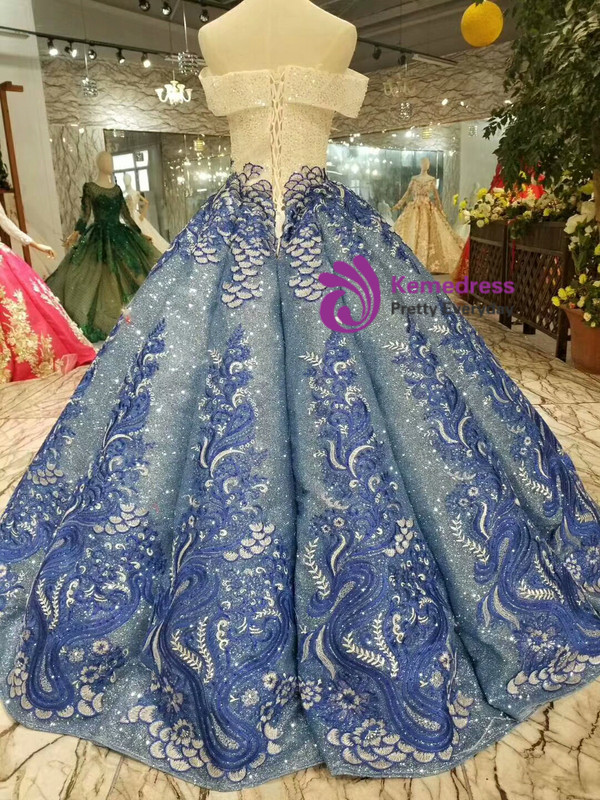 Shop 2019 Long & Short Blue Ball Gown Sequins Off The Shoulder Appliques Wedding Dress With Beading  With Factory Price From Kemedress