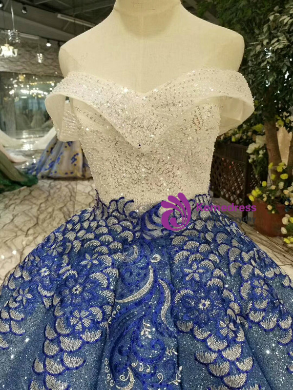 Shop 2019 Long & Short Blue Ball Gown Sequins Off The Shoulder Appliques Wedding Dress With Beading  With Factory Price From Kemedress