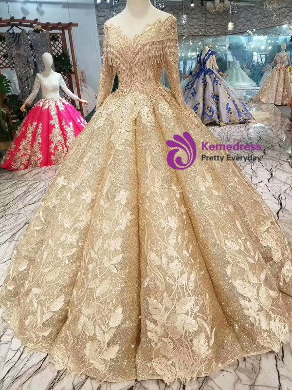 Shop 2019 Long & Short Gold Ball Gown Sequins Bateau Long Sleeve Appliques Wedding Dress With Factory Price From Kemedress