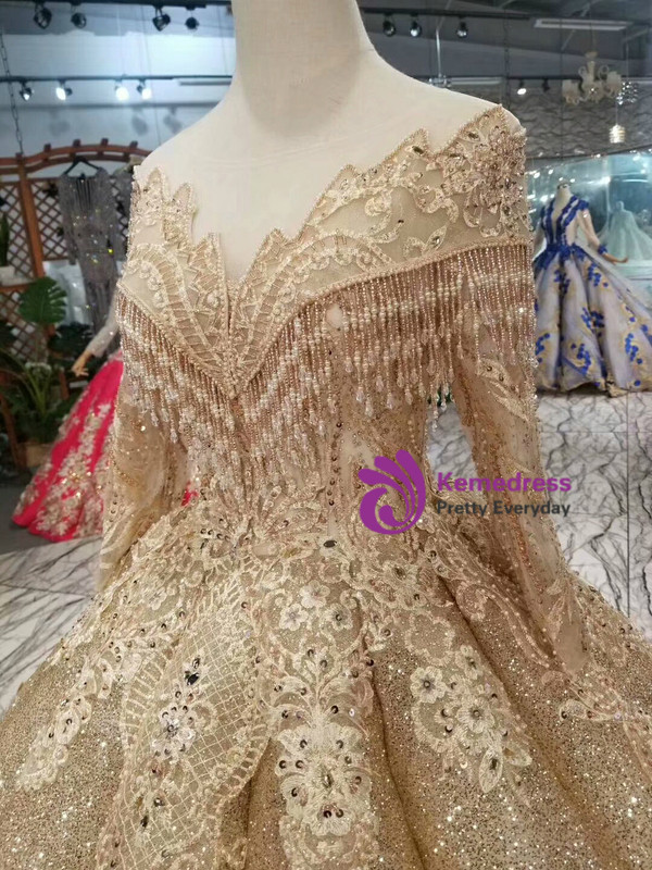 Shop 2019 Long & Short Gold Ball Gown Sequins Bateau Long Sleeve Appliques Wedding Dress With Factory Price From Kemedress