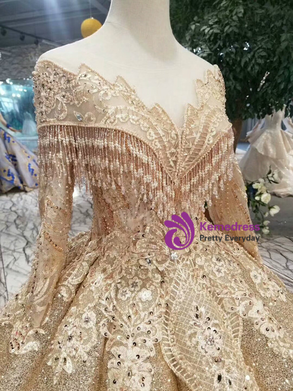 Shop 2019 Long & Short Gold Ball Gown Sequins Bateau Long Sleeve Appliques Wedding Dress With Factory Price From Kemedress