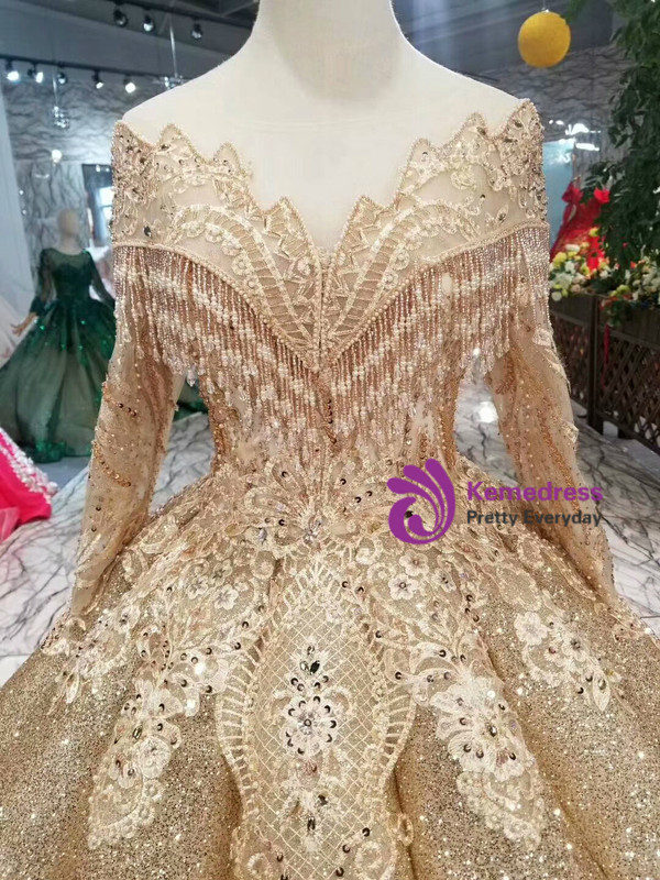 Shop 2019 Long & Short Gold Ball Gown Sequins Bateau Long Sleeve Appliques Wedding Dress With Factory Price From Kemedress
