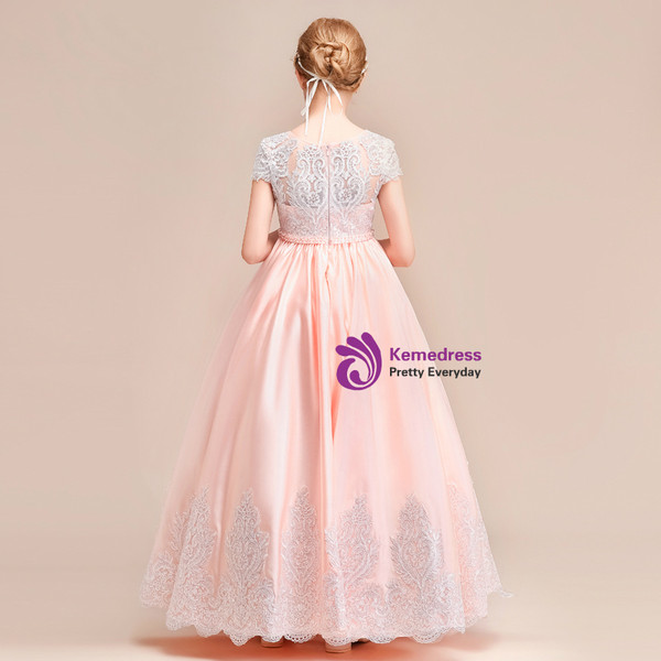 Shop 2019 Long & Short A-Line Pink Satin Lace Scoop Cap Sleeve Flower Girl Dress With Factory Price From Kemedress