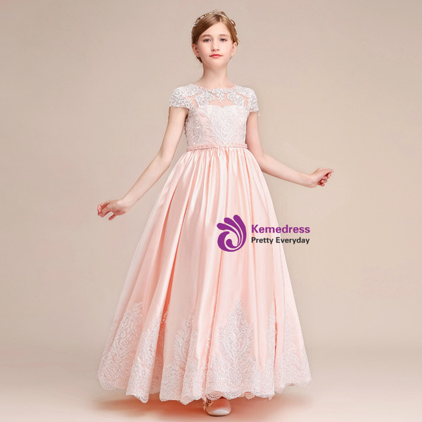 Shop 2019 Long & Short A-Line Pink Satin Lace Scoop Cap Sleeve Flower Girl Dress With Factory Price From Kemedress