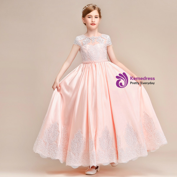 Shop 2019 Long & Short A-Line Pink Satin Lace Scoop Cap Sleeve Flower Girl Dress With Factory Price From Kemedress