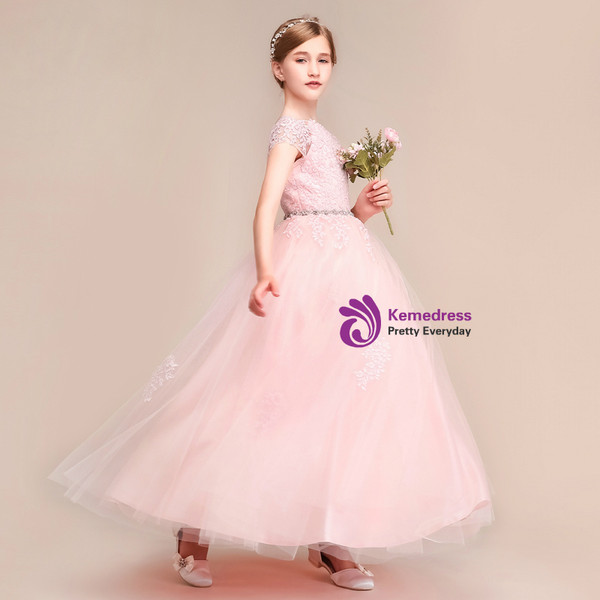 Shop 2019 Long & Short A-Line Pink Tulle Lace Cap Sleeve Backless Flower Girl Dress With Beading With Factory Price From Kemedress