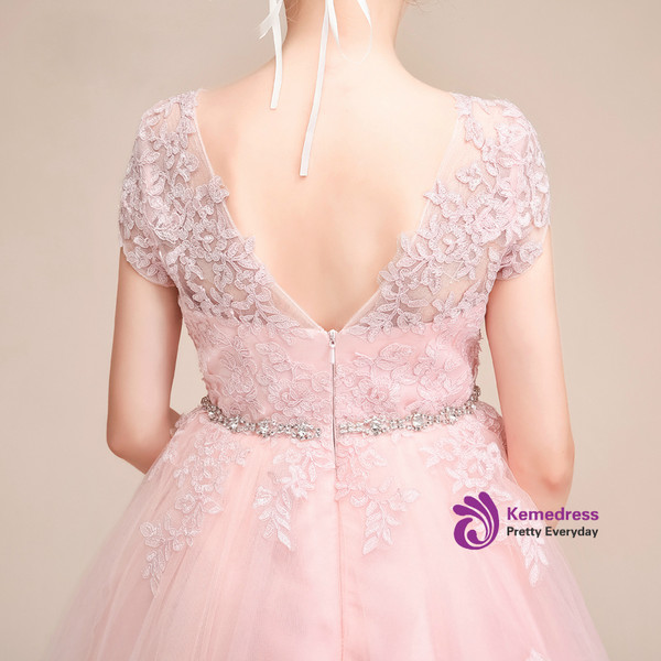 Shop 2019 Long & Short A-Line Pink Tulle Lace Cap Sleeve Backless Flower Girl Dress With Beading With Factory Price From Kemedress