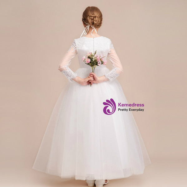 Shop 2019 Long & Short A-Line White Tulle Lace Appliques Long Sleeve Flower Girl Dress With Factory Price From Kemedress