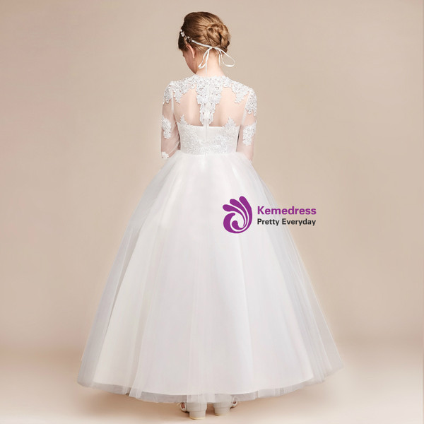 Shop 2019 Long & Short A-Line White Tulle Lace Appliques Scoop Long Sleeve Flower Girl Dress With Factory Price From Kemedress