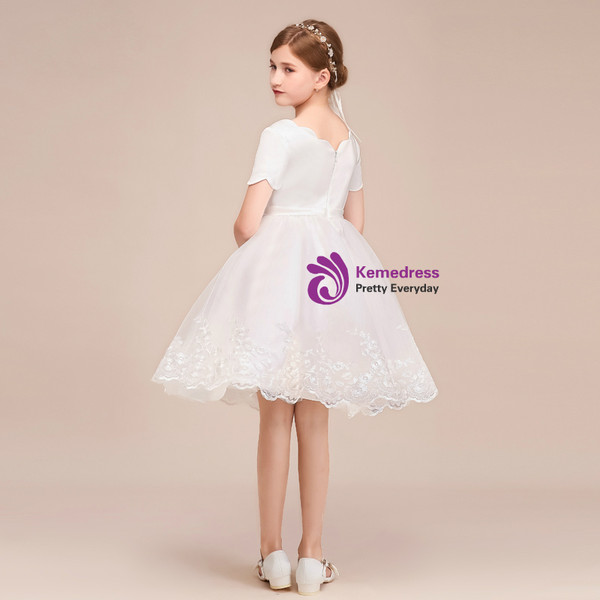 Shop 2019 Long & Short A-Line White Tulle Satin Lace Short Sleeve Knee Length Flower Girl Dress With Factory Price From Kemedress