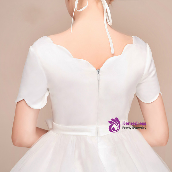 Shop 2019 Long & Short A-Line White Tulle Satin Lace Short Sleeve Knee Length Flower Girl Dress With Factory Price From Kemedress