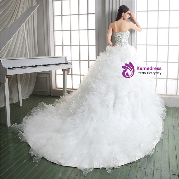 Shop 2019 Long & Short White Ball Gown Organza Sweetheart Ruffle Wedding Dress With Beading  With Factory Price From Kemedress