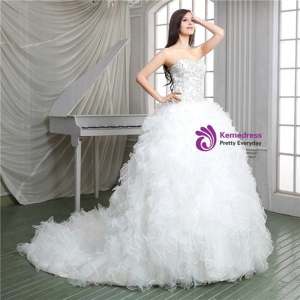 Shop 2019 Long & Short White Ball Gown Organza Sweetheart Ruffle Wedding Dress With Beading  With Factory Price From Kemedress
