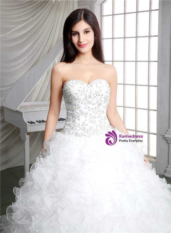 Shop 2019 Long & Short White Ball Gown Organza Sweetheart Ruffle Wedding Dress With Beading  With Factory Price From Kemedress