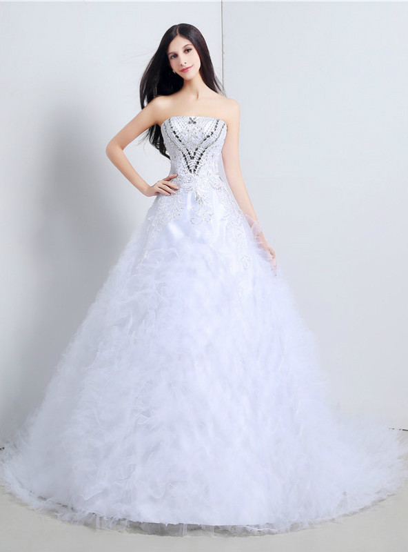 Shop 2019 Long & Short White Ball Gown Tulle Strapless Wedding Dress With Beading Crystal With Factory Price From Kemedress