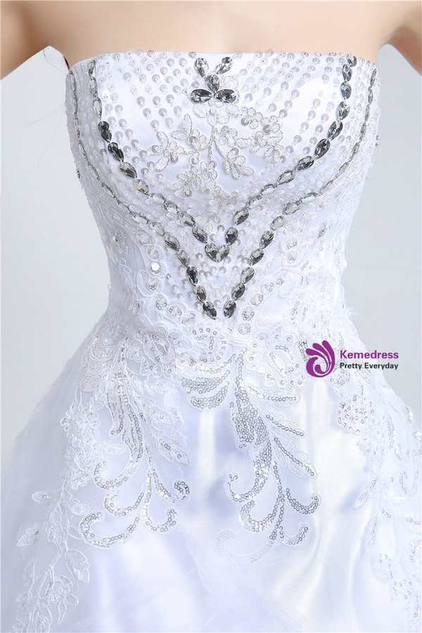 Shop 2019 Long & Short White Ball Gown Tulle Strapless Wedding Dress With Beading Crystal With Factory Price From Kemedress