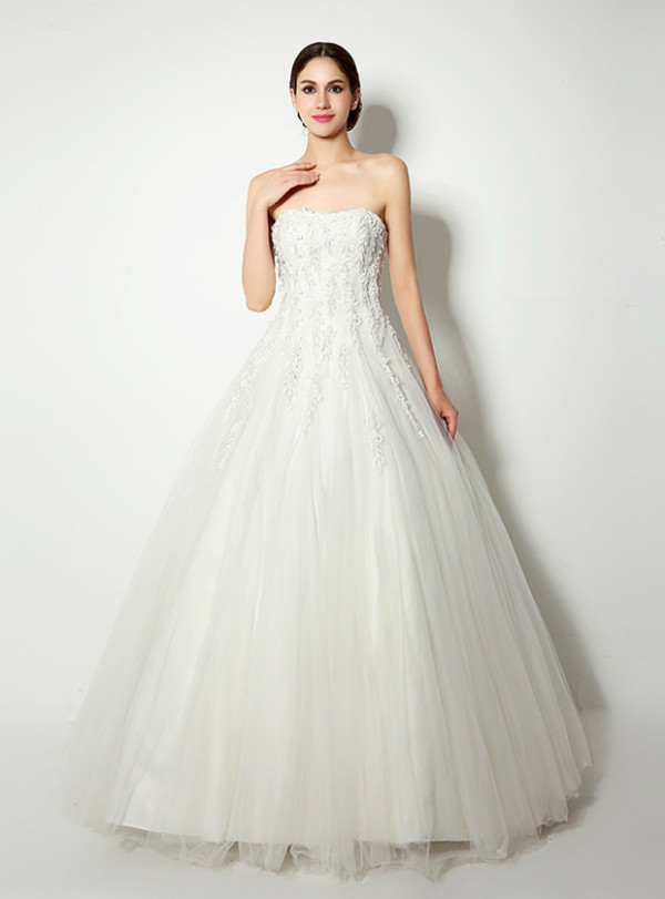 Shop 2019 Long & Short White Ball Gown Tulle Strapless Appliques Long Wedding Dress With Factory Price From Kemedress