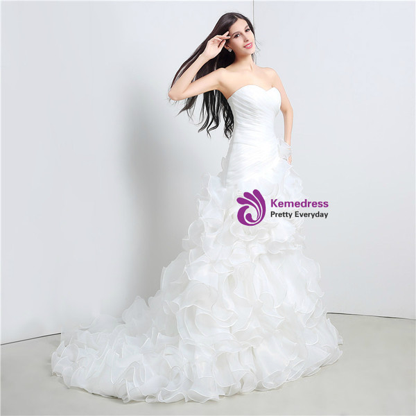 Shop 2019 Long & Short White Mermaid Organza Sweetheart Neck Ruffle Pleats Wedding Dress With Factory Price From Kemedress