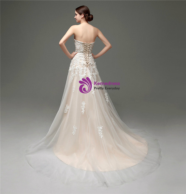 Shop 2019 Long & Short A-Line Champagne Tulle Lace Appliqeus Sweetheart Wedding Dress With Factory Price From Kemedress