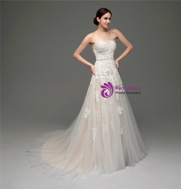Shop 2019 Long & Short A-Line Champagne Tulle Lace Appliqeus Sweetheart Wedding Dress With Factory Price From Kemedress