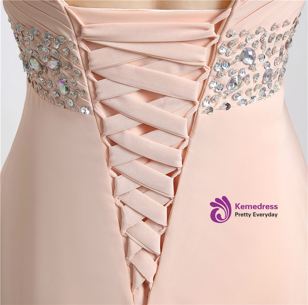 Shop 2019 Long & Short A-Line Pink Chiffon Sweetheart Backless Long Prom Dress With Beading With Factory Price From Kemedress