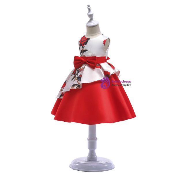 Shop 2019 Long & Short In Stock:Ship in 48 Hours  Red Satin Print Flower Girl Dress With Bow With Factory Price From Kemedress