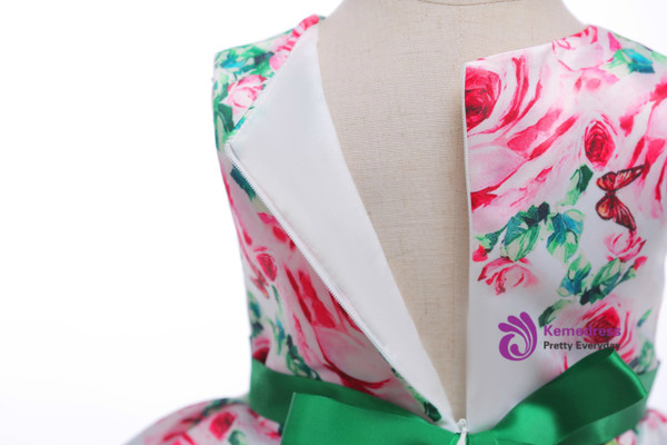 Shop 2019 Long & Short In Stock:Ship in 48 Hours Green Satin Print Flower Dress With Bow With Factory Price From Kemedress