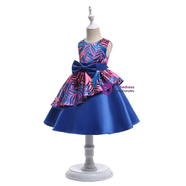Shop 2019 Long & Short In Stock:Ship in 48 Hours Blue Satin Print Flower Dress With Bow With Factory Price From Kemedress