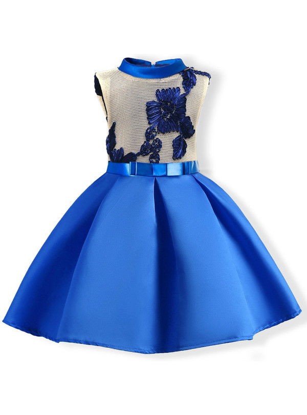 Shop 2019 Long & Short In Stock:Ship in 48 Hours Blue Satin High Neck Flower Girl Dress With Factory Price From Kemedress
