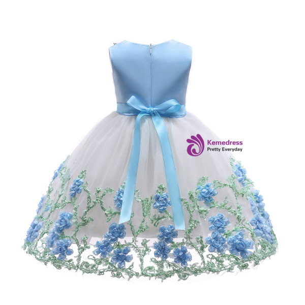 Shop 2019 Long & Short In Stock:Ship in 48 Hours Blue Tulle Appliques Flower Girl Dress With Bow With Factory Price From Kemedress