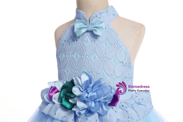 Shop 2019 Long & Short In Stock:Ship in 48 Hours Blue Tulle Lace High Neck Flower Girl Dress With Factory Price From Kemedress