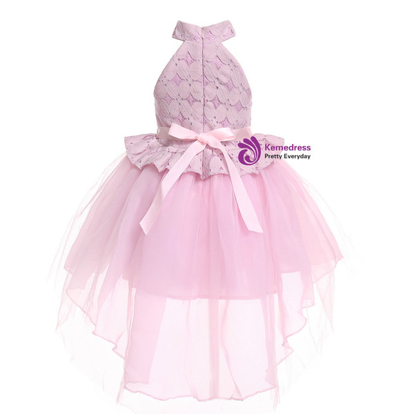 Shop 2019 Long & Short In Stock:Ship in 48 Hours Pink Tulle Lace High Neck Flower Girl Dress With Factory Price From Kemedress