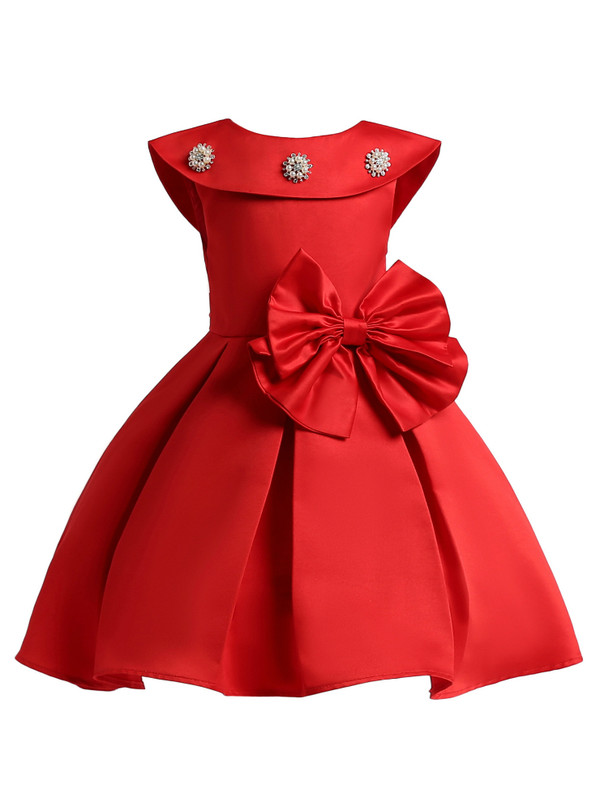 Shop 2019 Long & Short In Stock:Ship in 48 Hours Red Satin Short Flower Girl Dress With Bow With Factory Price From Kemedress