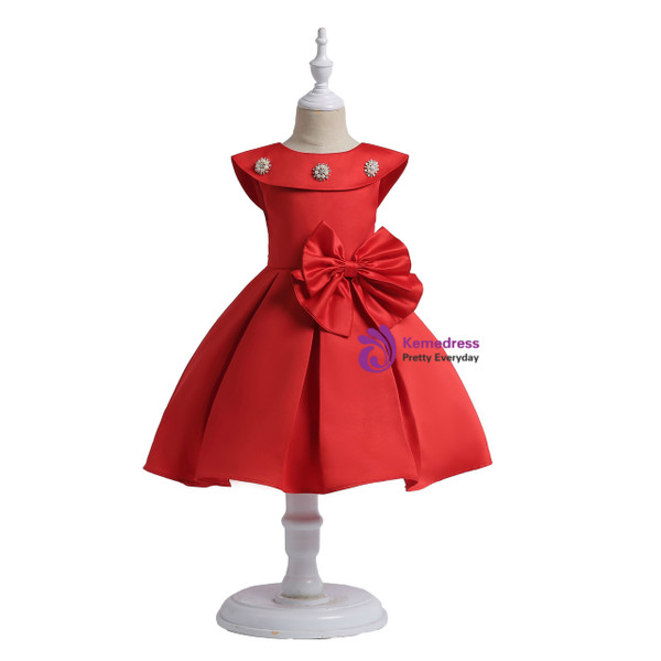 Shop 2019 Long & Short In Stock:Ship in 48 Hours Red Satin Short Flower Girl Dress With Bow With Factory Price From Kemedress