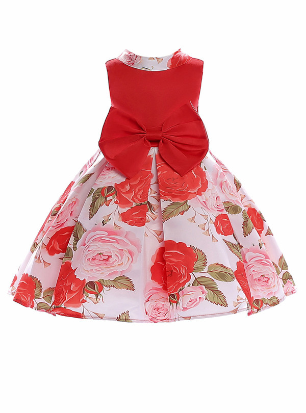 Shop 2019 Long & Short In Stock:Ship in 48 Hours Red Satin Print Flower Girl Dress With Bow With Factory Price From Kemedress