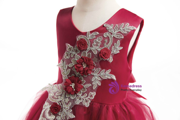 Shop 2019 Long & Short In Stock:Ship in 48 Hours Burgundy Tulle Appliques Flower Girl Dress With Factory Price From Kemedress