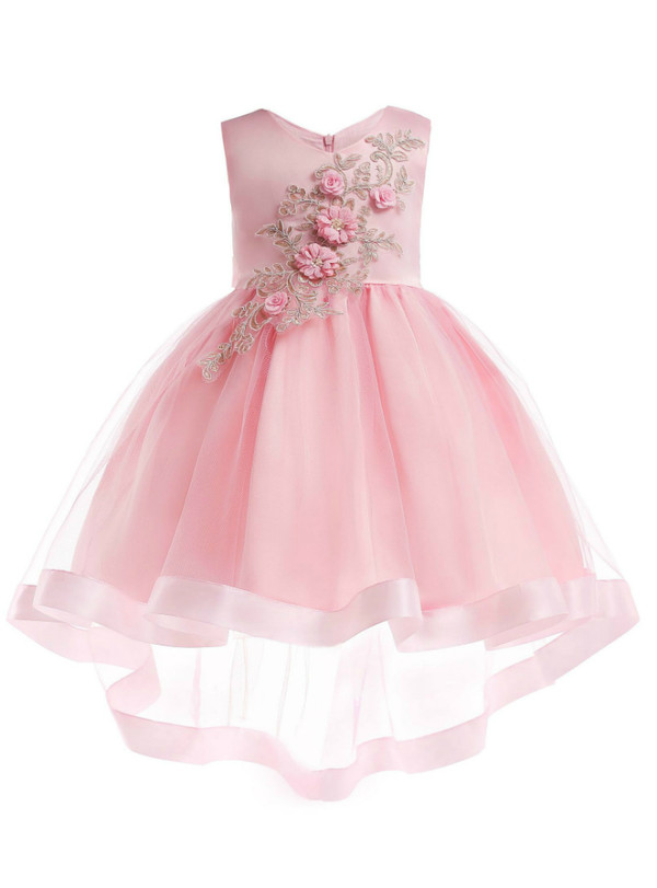 Shop 2019 Long & Short In Stock:Ship in 48 Hours Pink Satin Tulle Appliques Flower Girl Dress With Factory Price From Kemedress