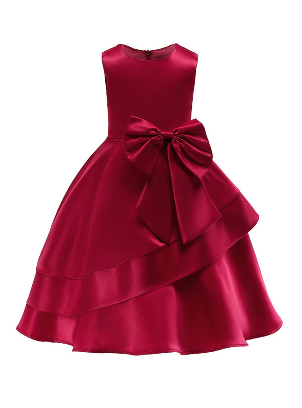 Shop 2019 Long & Short In Stock:Ship in 48 Hours Burgundy Satin Flower Girl Dress With Bow With Factory Price From Kemedress