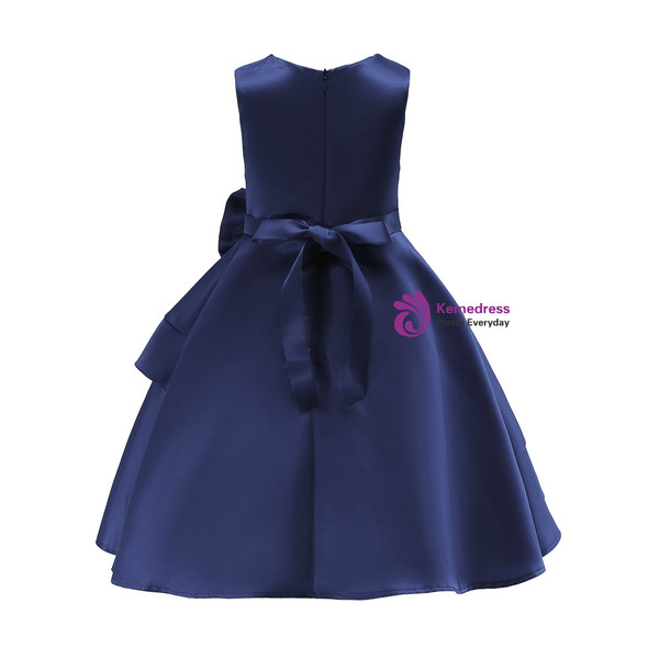 Shop 2019 Long & Short In Stock:Ship in 48 Hours Navy Blue Satin Flower Girl Dress With Bow With Factory Price From Kemedress