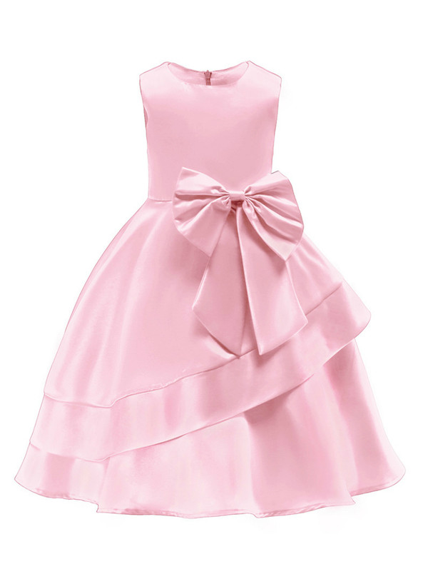 Shop 2019 Long & Short In Stock:Ship in 48 Hours Pink Satin Flower Girl Dress With Bow With Factory Price From Kemedress